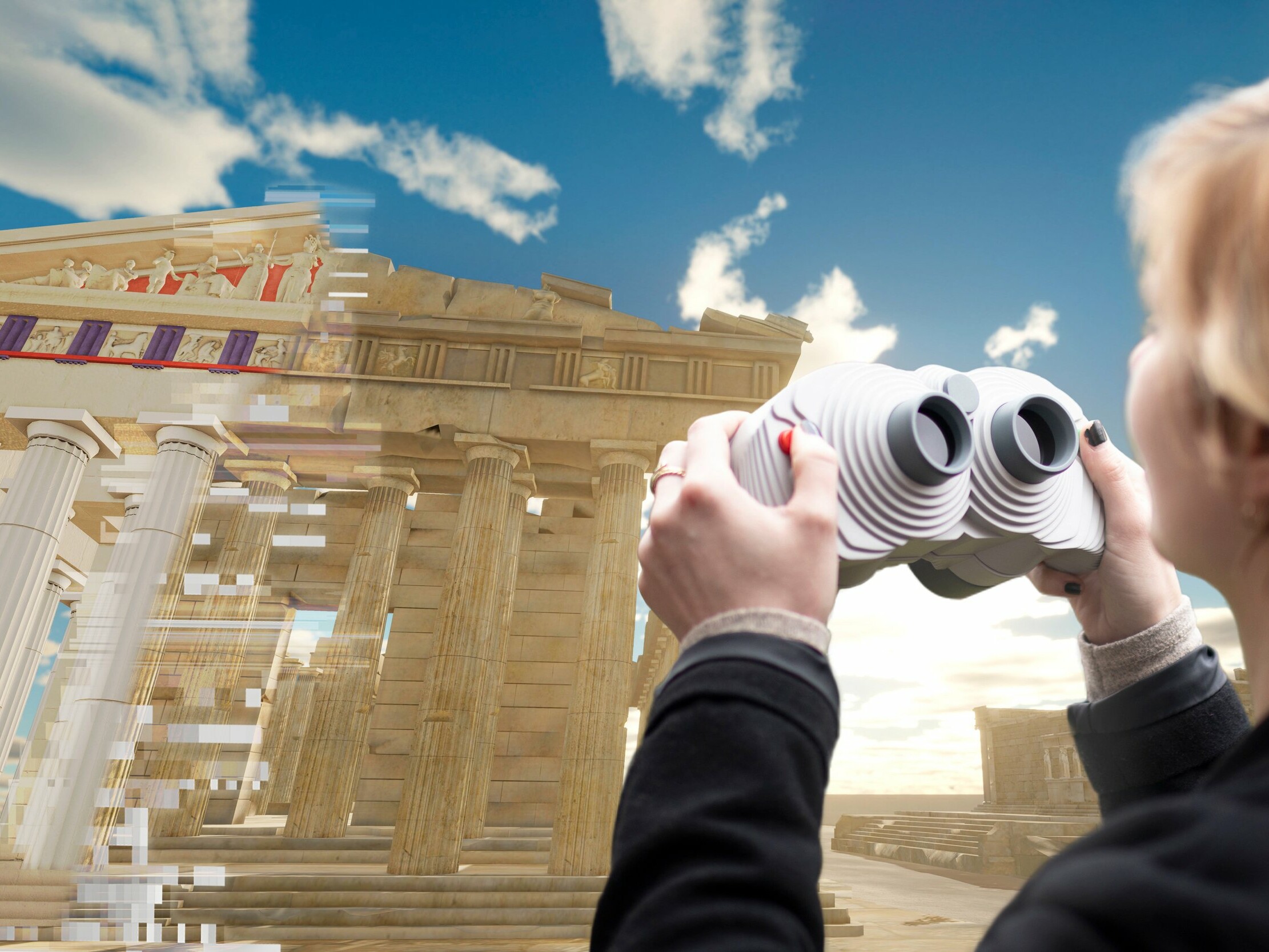 Person looking through AR binoculars to digital ancient Acropolis