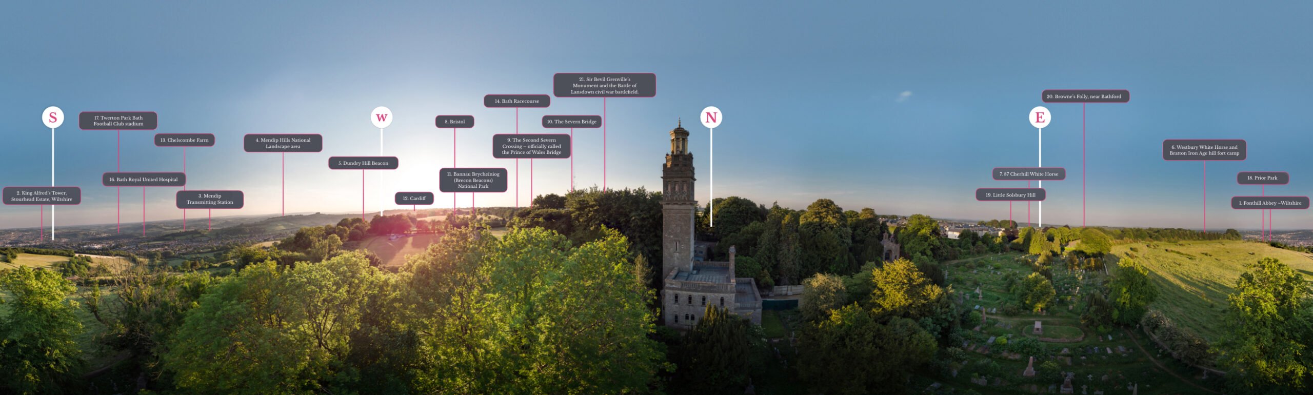 Bath AR Trail, 360 Panorama of Beckford's Tower with information points on AR