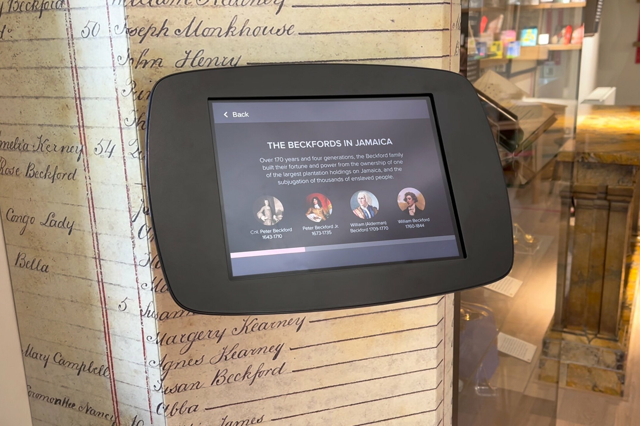 Bath AR Trail, Tablet with video about Trade slavery and Beckford's family