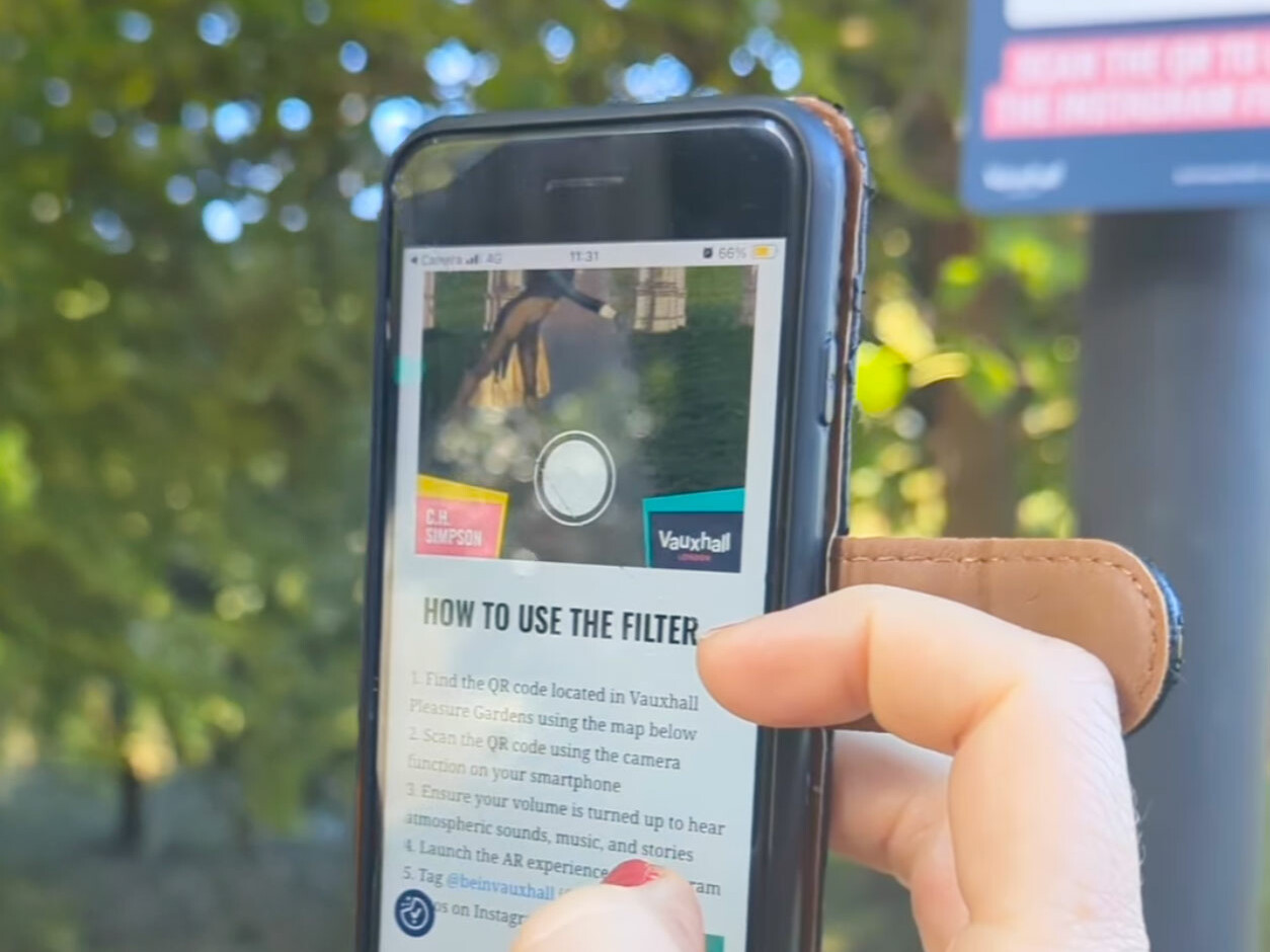 Scanning QR code in Vauxhall Pleasure Gardens to launch AR experience