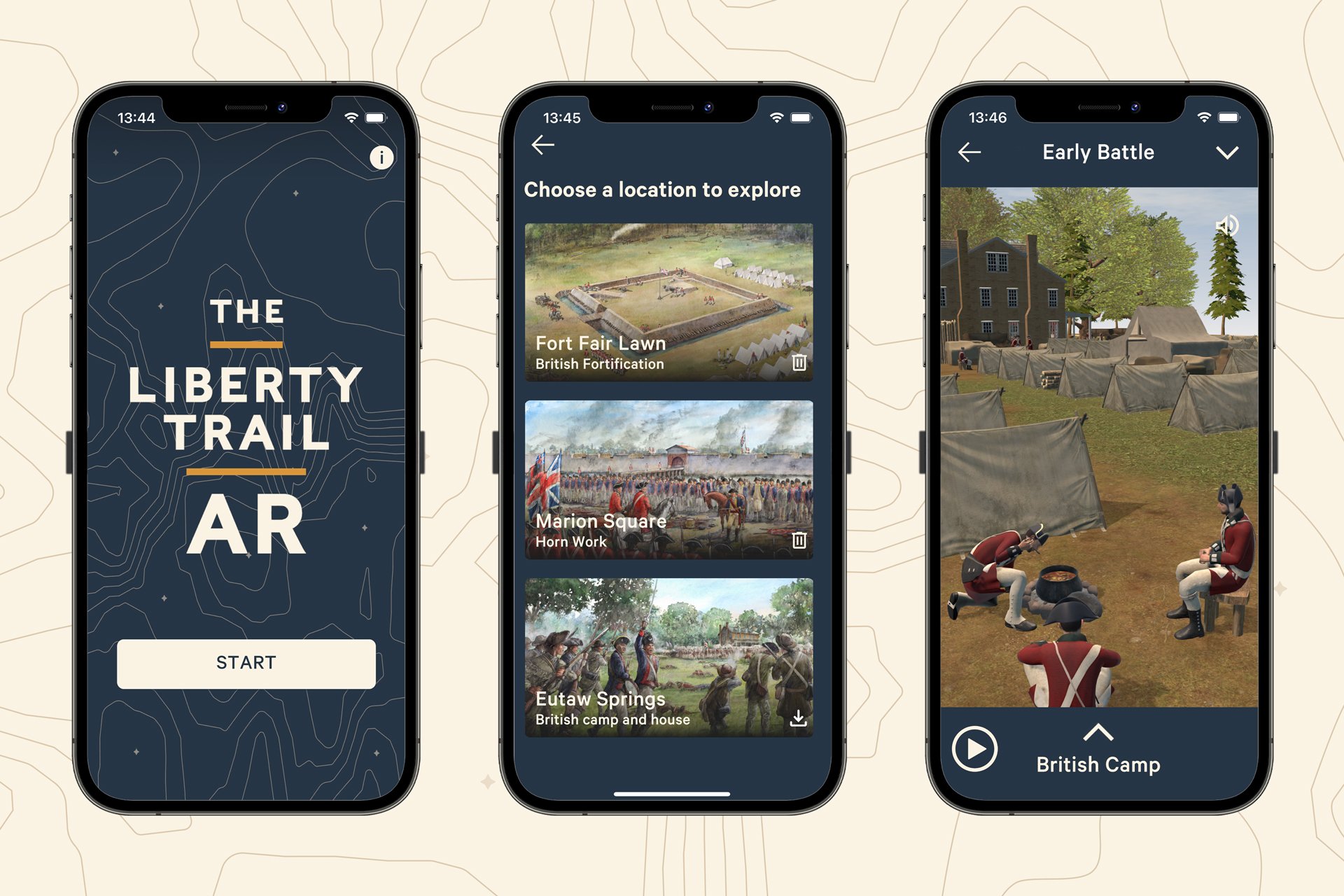 Liberty Trail AR app screens